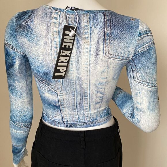 The Kript Sully Semi Sheer Mesh Denim Print Long Sleeve Fitted Crop Top - Picture 4 of 6